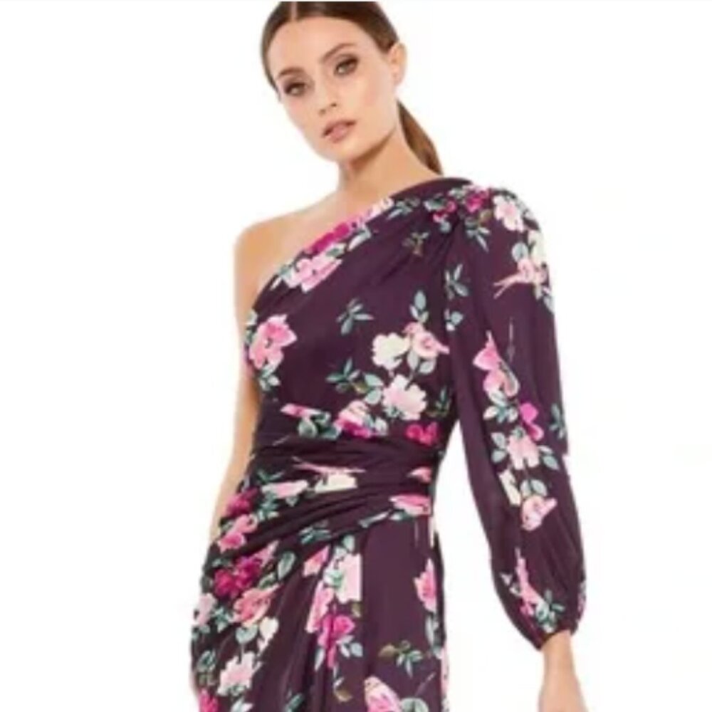 Mac Duggal PLUM FLORAL PRINT ONE SLEEVE GOWN